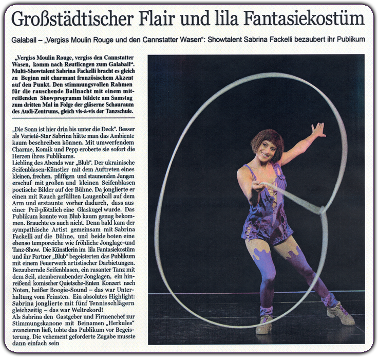 Artistik Showact mit Seil Akrobatik, Comedy Show, Magie u. Seifenblasenkunst als Kleinkunst Einlage bei Gala Abend.